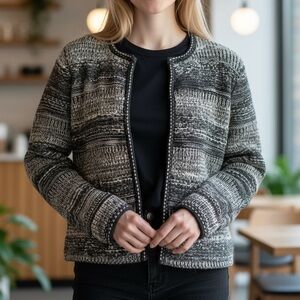 Pure Collection Wool black grey Striped Cardigan. Womens Size 6